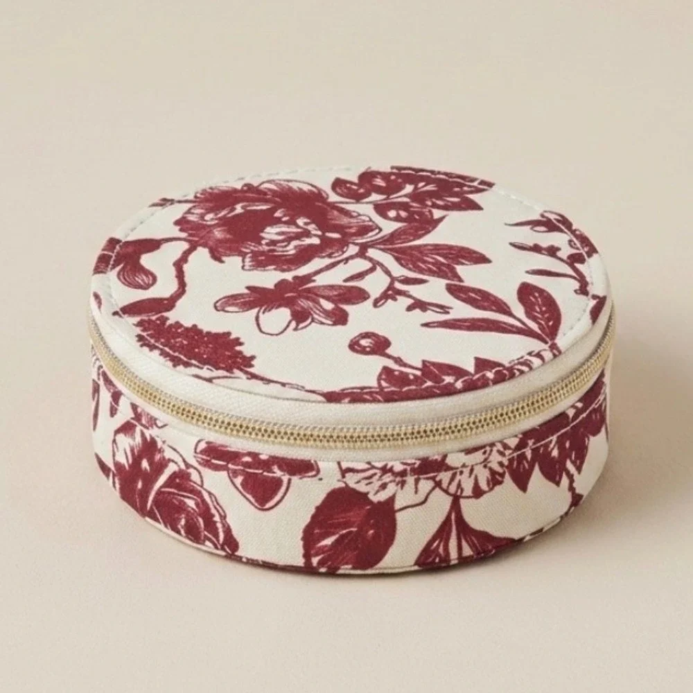 A New Day Round Travel Jewelry Organizer Burgundy Floral Toile Cream NWT